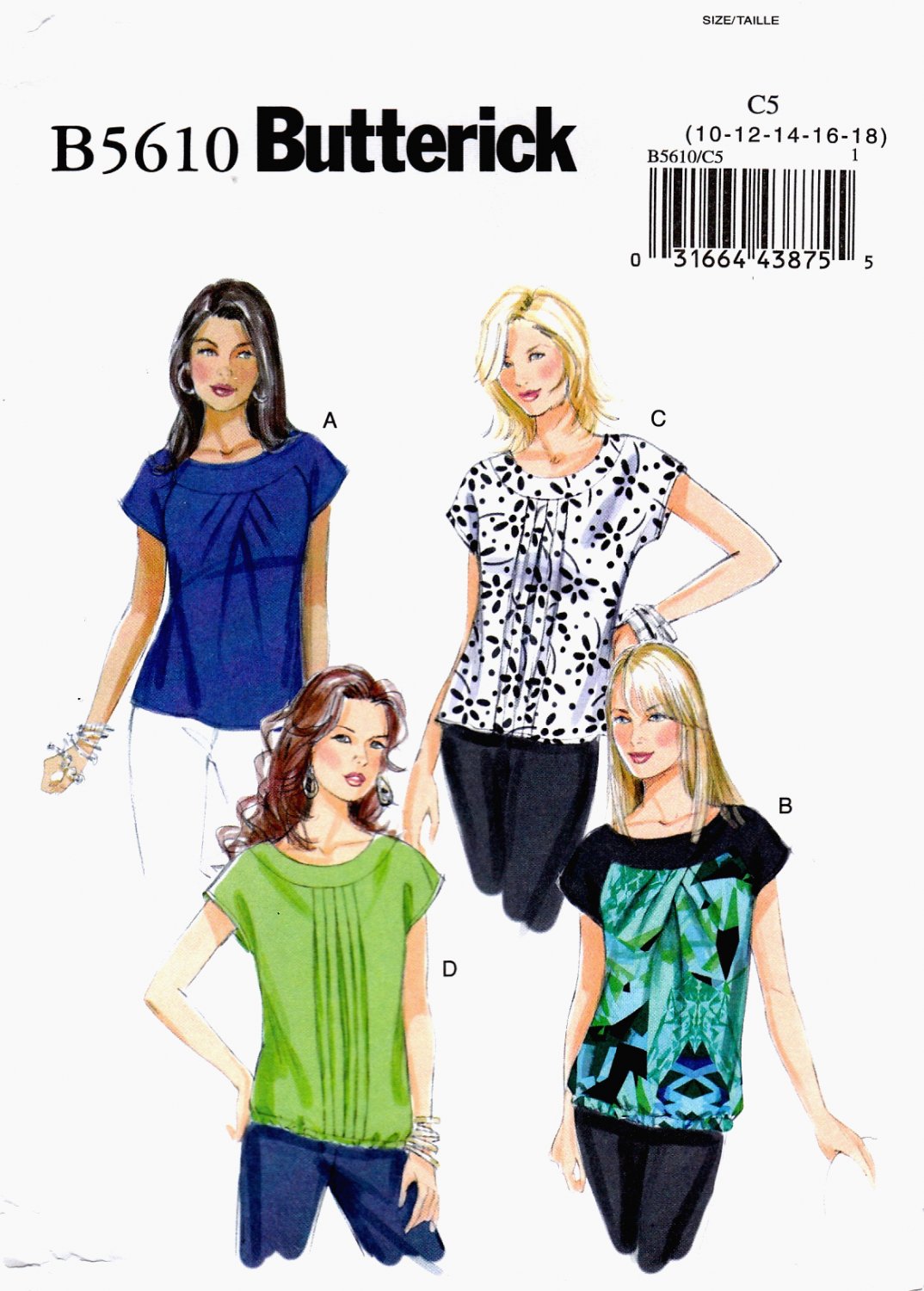 Butterick B5610 Misses Tops Very Loose Fitting Pullover Sewing Pattern Sizes 10-12-14-16-18
