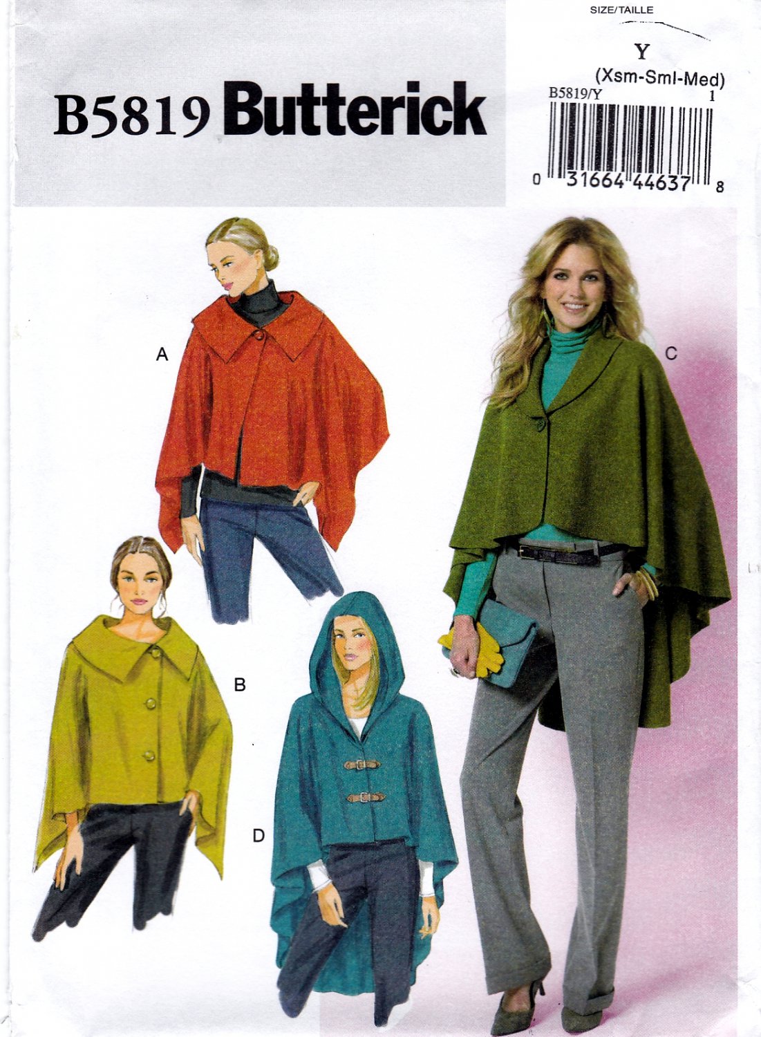 Butterick B5819 Misses Wrap and Cape Hood or Collar Sewing Pattern Sizes Xsm-Sml-Med