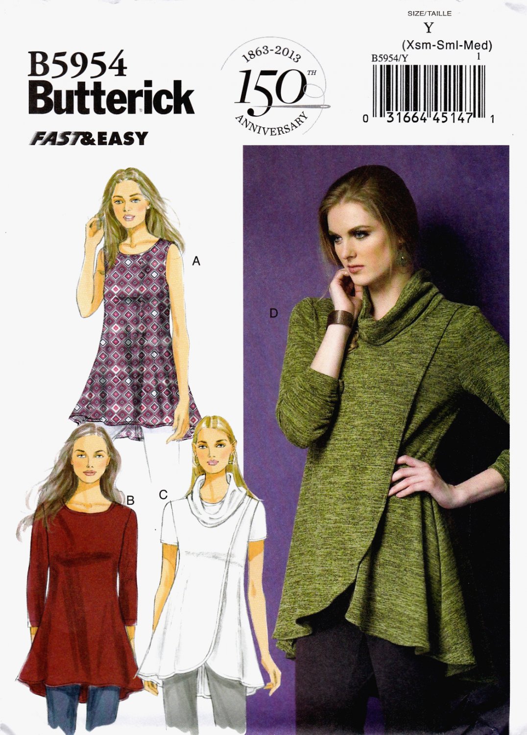 Butterick B5954 Misses Tunics Close Fitting Flared Sewing Pattern Sizes Xsm-Sml-Med