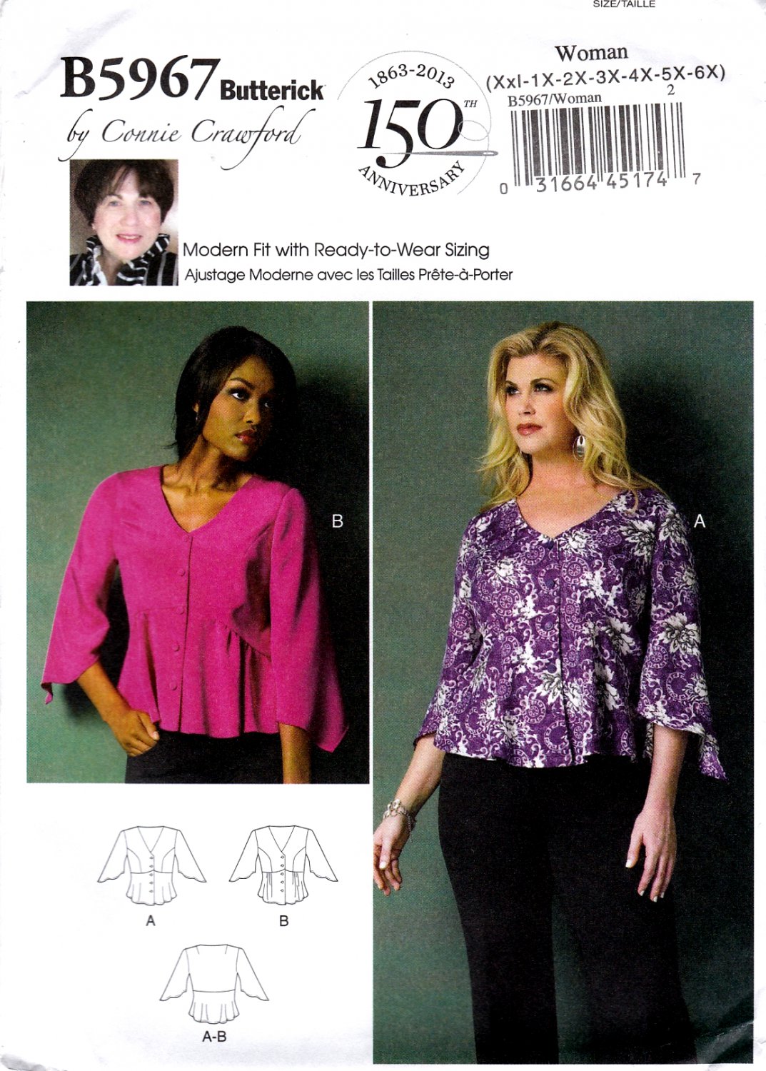 Butterick B5967 Misses Womans Loose Fitting Top Sewing Pattern Sizes Xxl-1X-2X-3X-4X-5X-6X