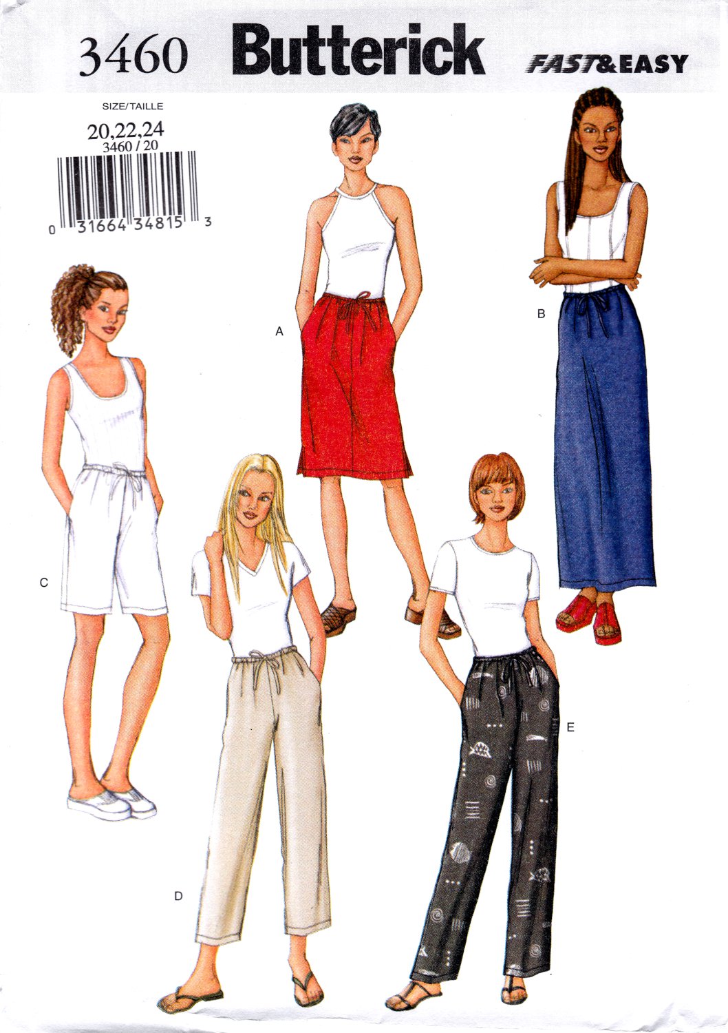 Butterick 3460 Womens Petite Skirt Shorts Pants Loose Fitting Sewing Pattern 20-22-24