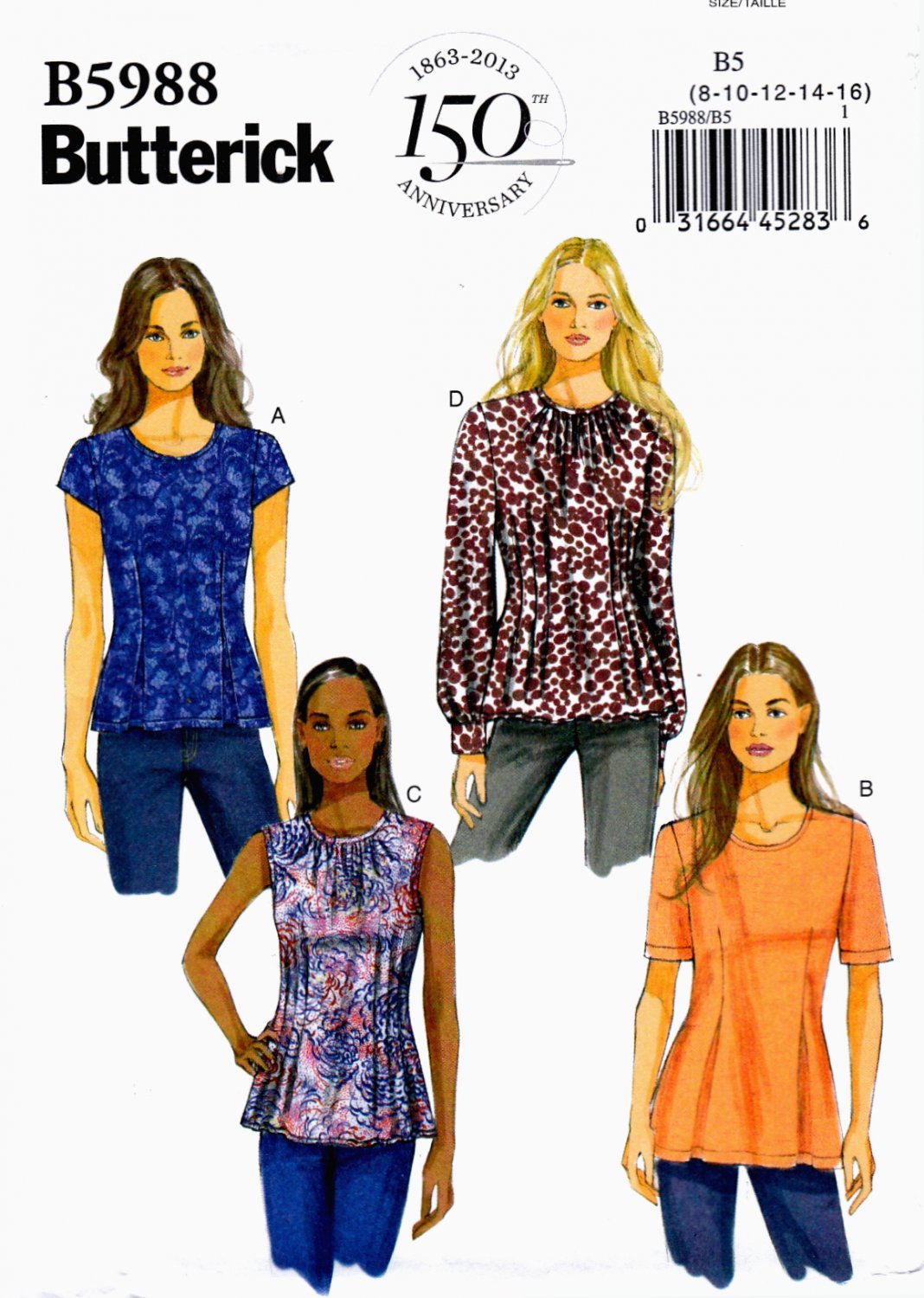 Butterick B5988 Misses Petite Tops Varying Sleeve Lengths Sewing Pattern Sizes 8-10-12-14-16
