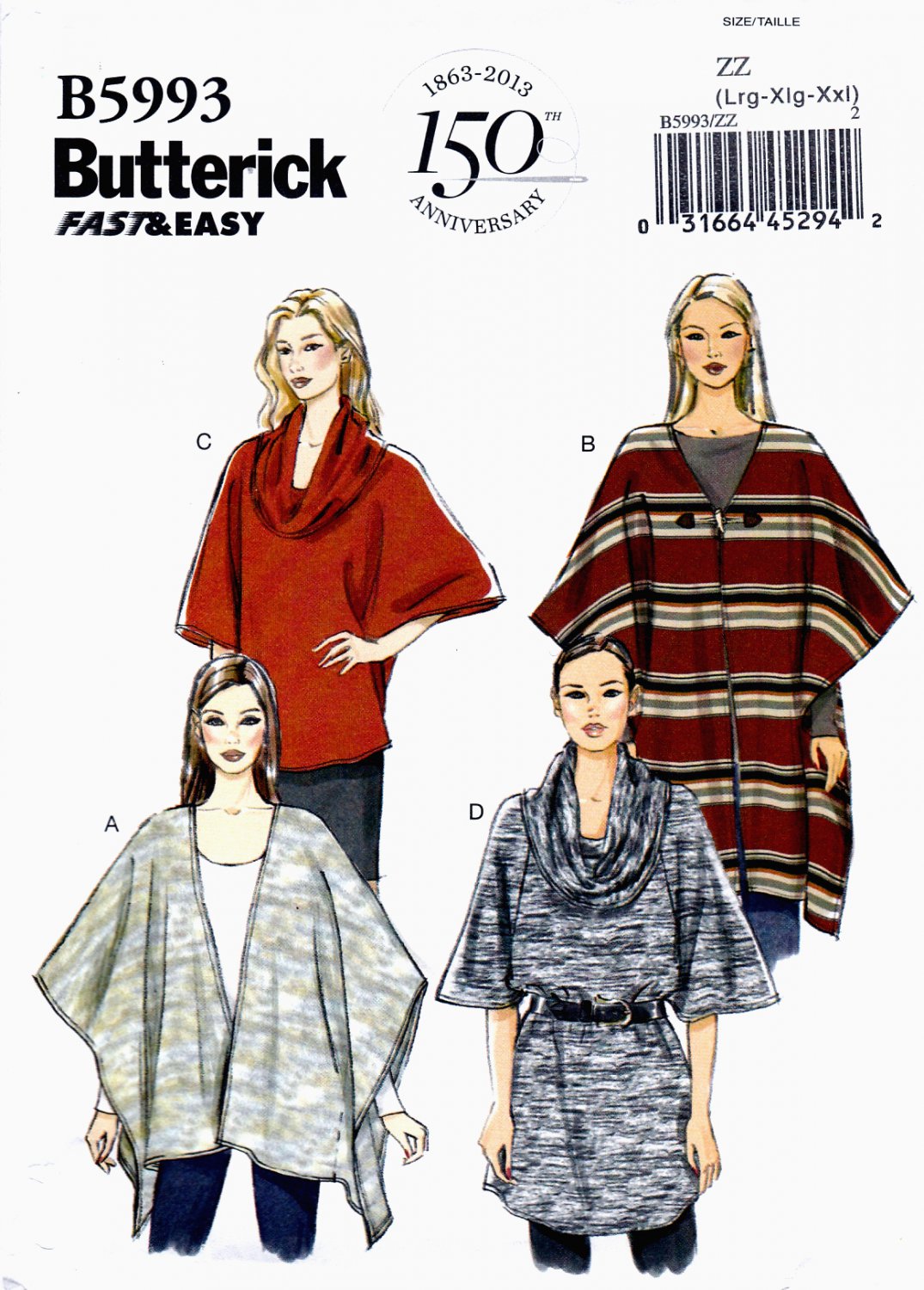 Butterick B5993 Misses Wraps Tops Tunics Sewing Pattern Sizes Lrg-Xlg-XXL