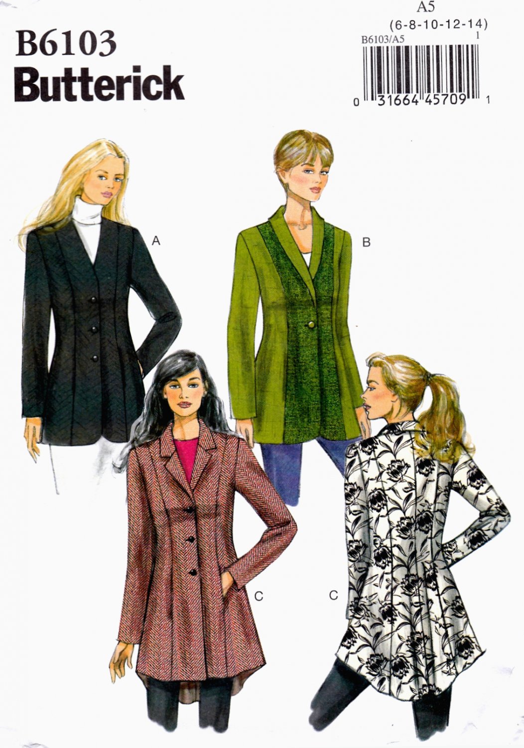 Butterick B6103 Misses Jackets Fitted Lined Sewing Pattern Sizes 6-8-10-12-14