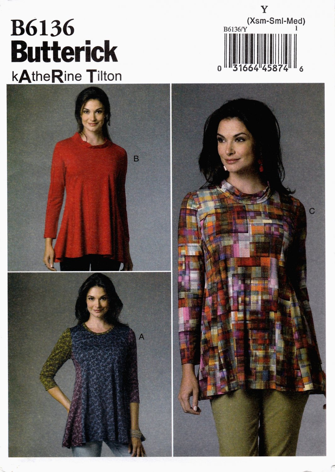 Butterick B6136 Misses Tunics Pullover Long Sleeves Sewing Pattern Sizes Xsm-Sml-Med