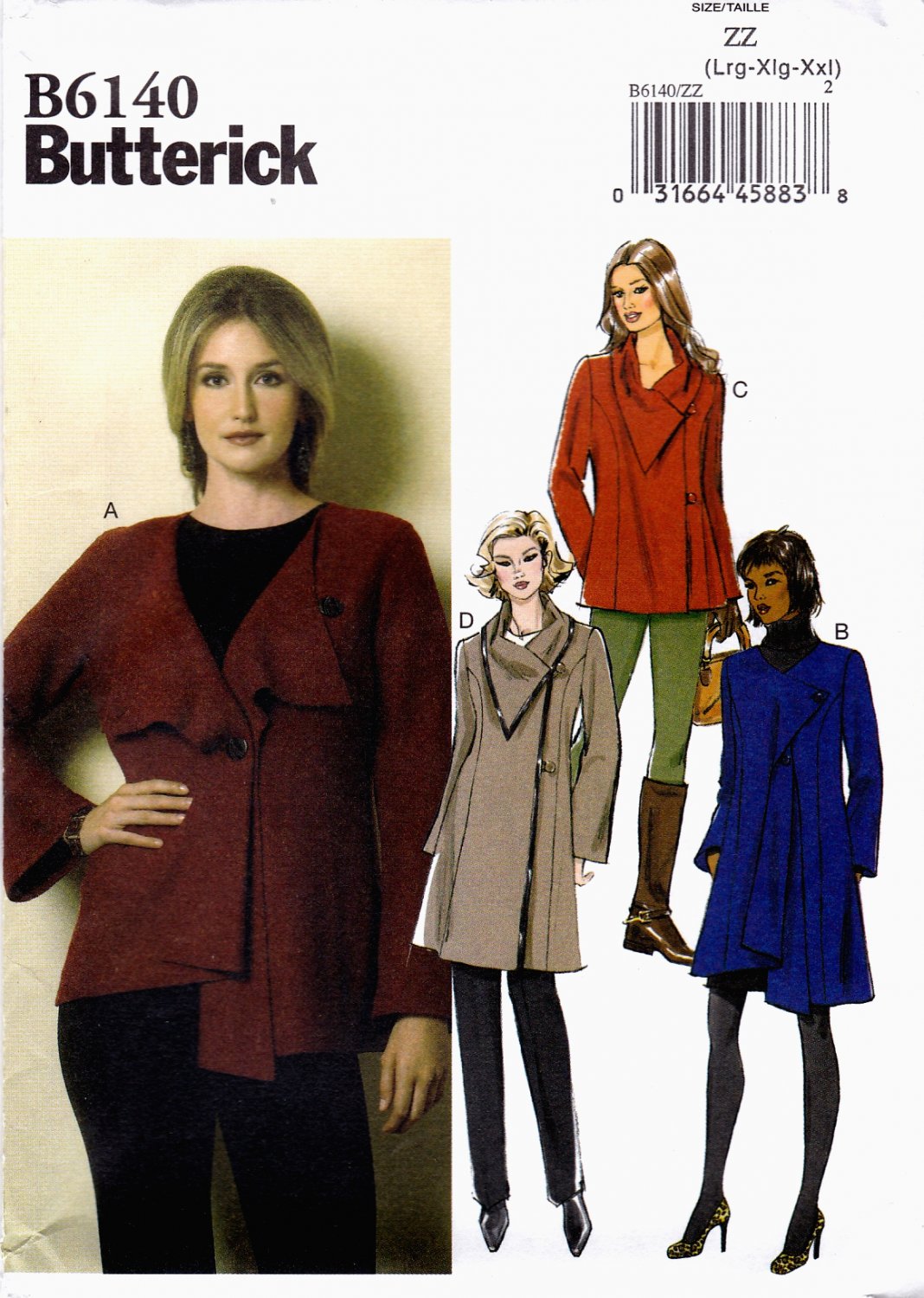Butterick B6140 Misses Jacket and Coat Sewing Pattern Sizes Lrg-Xlg-XXL