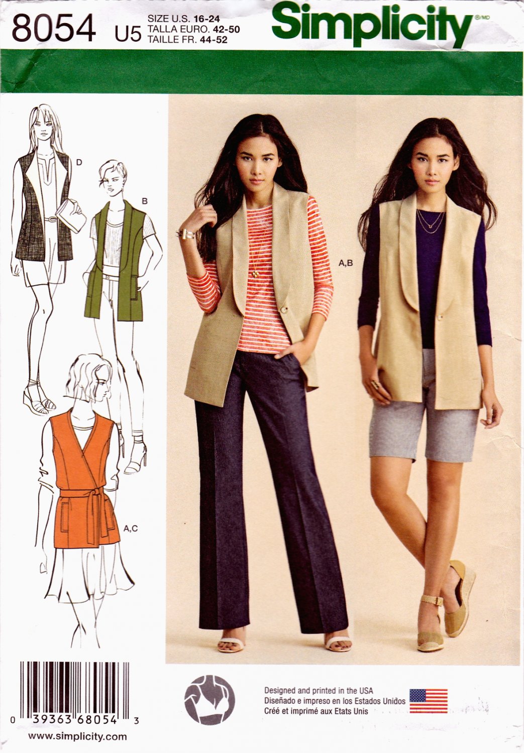 Simplicity 8054 Misses Lined Vest Knit Top All Cup Sizes Sewing Pattern Sizes 16-24