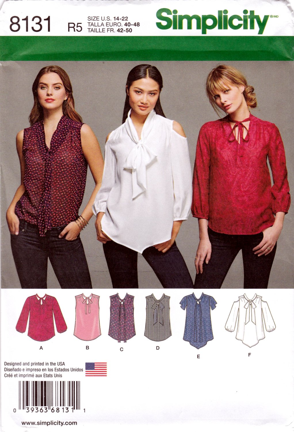 Simplicity 8131 Misses Pullover Blouses Sleeve and Bow Variations Sewing Pattern Sizes 14-22