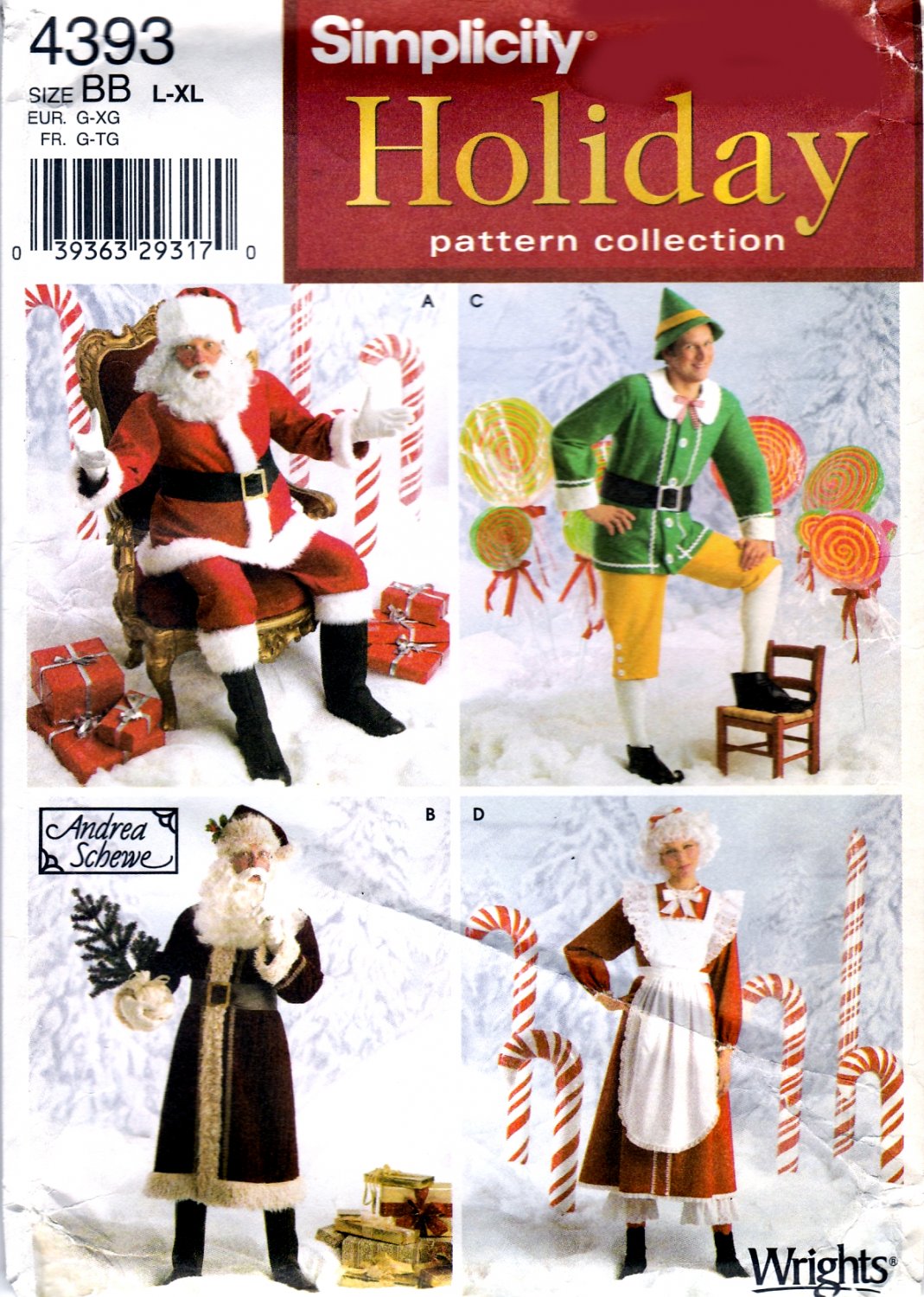Simplicity 4393 Holiday Costumes Unisex Santa Ms Claus Elf Sewing Pattern Sizes L-XL