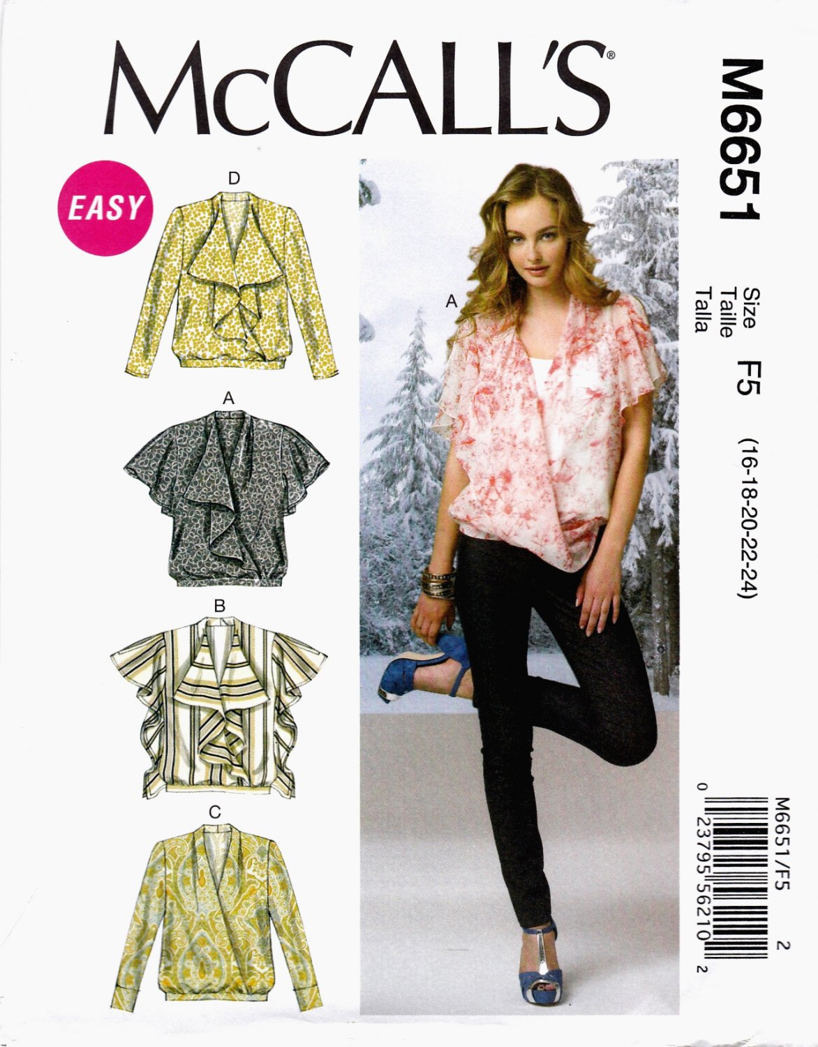 McCall's M6651 Misses Tops Pullover Very Loose Fit Sewing Pattern Sizes 16-18-20-22-24