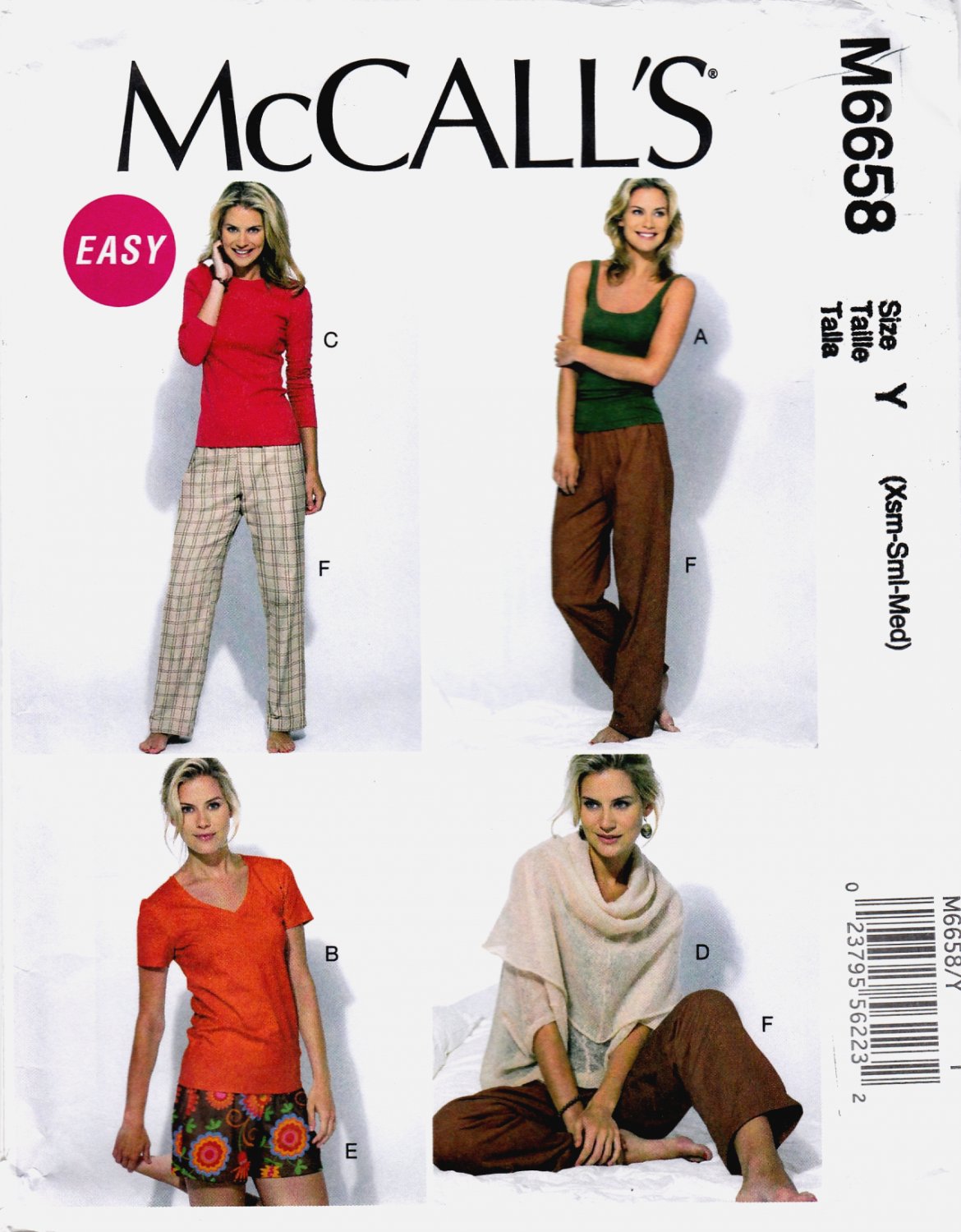 McCall's M6658 Misses Pullover Tops Shorts Pants Sewing Pattern Sizes Xsm-Sml-Med