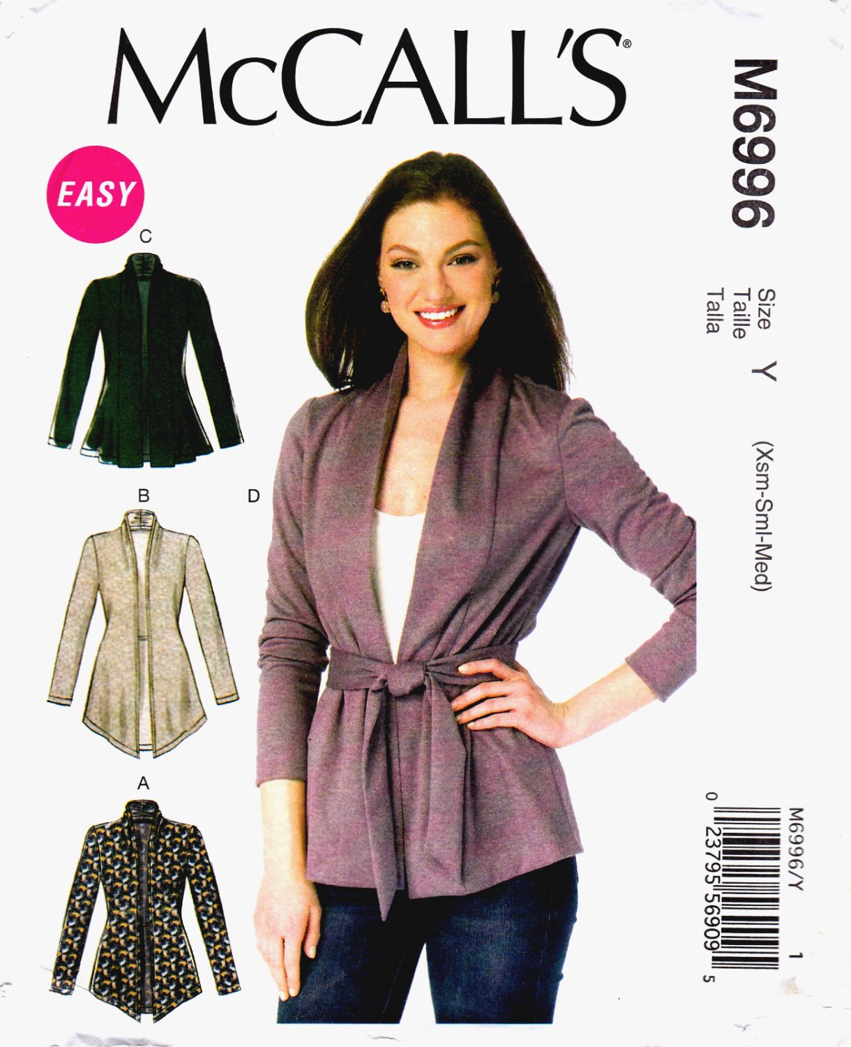 McCall's M6996 Misses Jackets Belts Long Sleeves Sewing Pattern Sizes Xsm-Sml-Med
