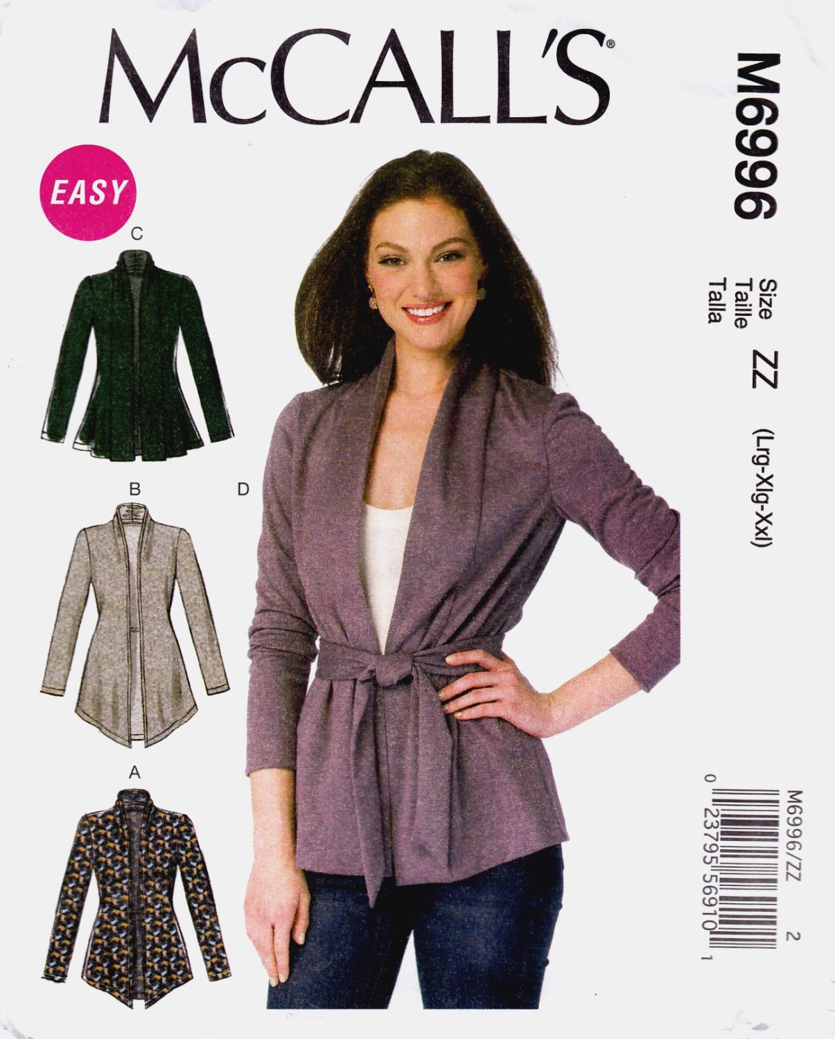 McCall's M6996 Misses Jackets Belts Long Sleeves Sewing Pattern Sizes Lrg-Xlg-Xxl