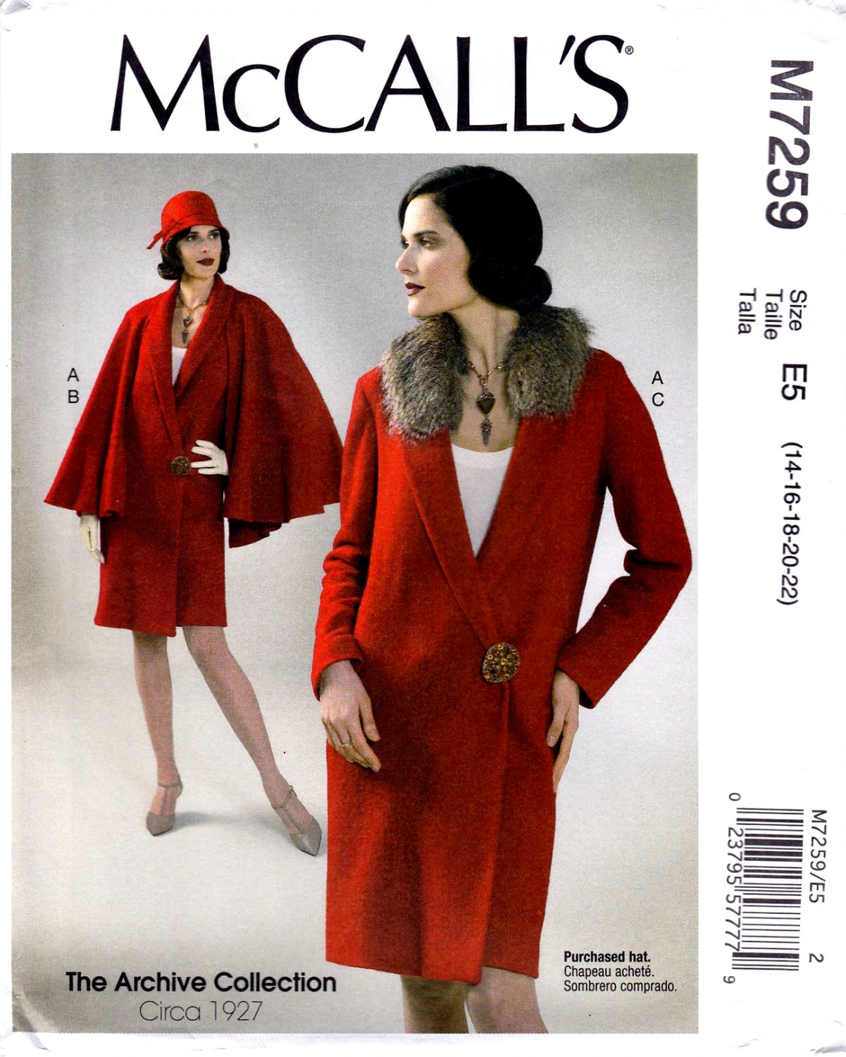 McCall's M7259 Misses Coat Detachable Cape Collar 1927 Style Sewing Pattern Sizes 14-16-18-20-22