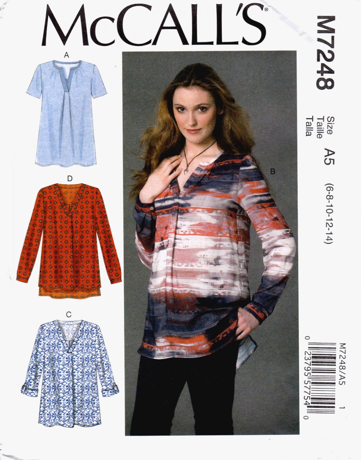 McCall's M7248 Misses Tops Pullover Loose Fitting Sewing Pattern Sizes 6-8-10-12-14