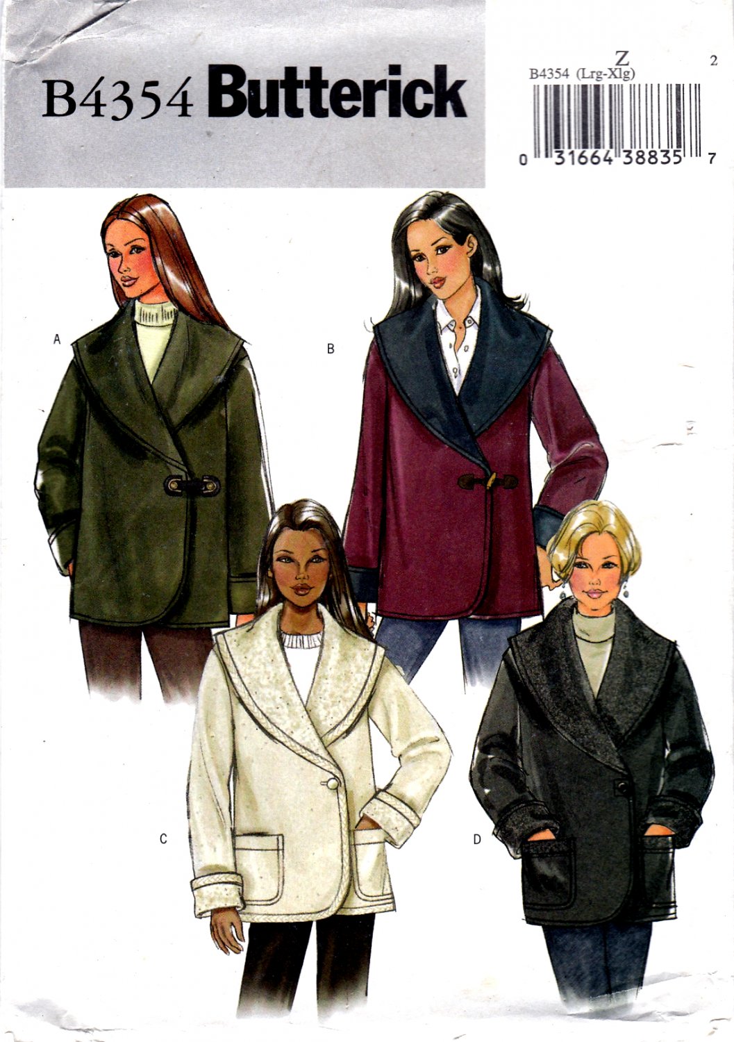 Butterick B4354 Misses Jackets Very Loose Fitting Sewing Pattern Sizes Lrg-Xlg