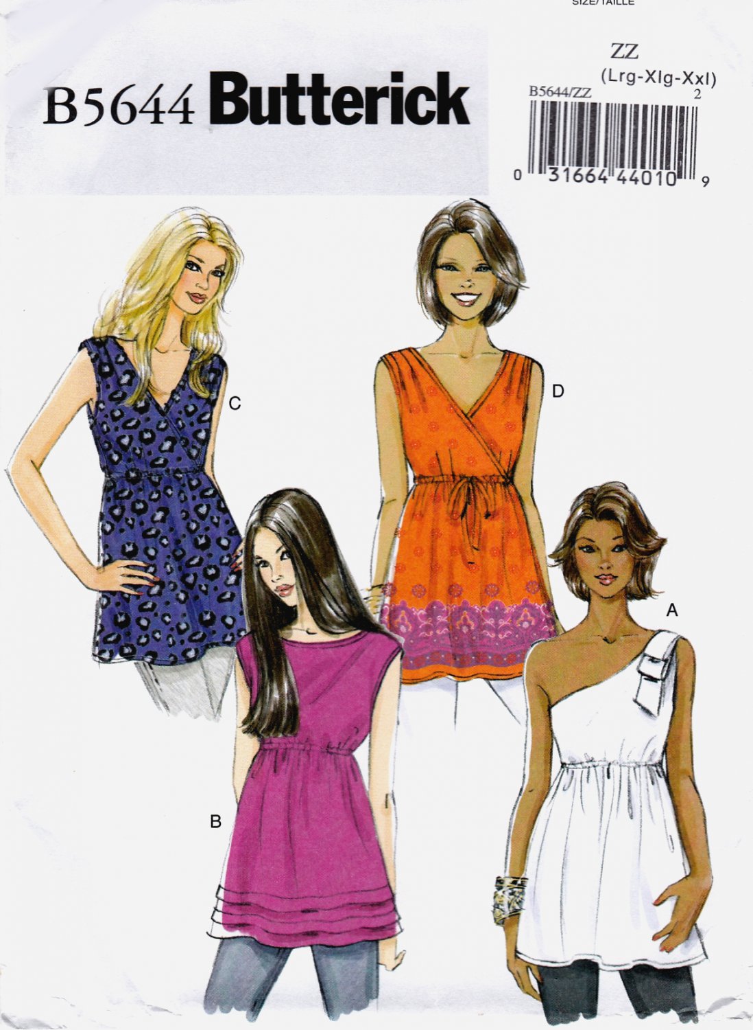 Butterick B5644 Misses Womens Sleeveless Tops Long Length Sewing Pattern Sizes Lrg-Xlg-Xxl