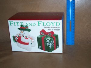 Fitz & Floyd Holiday Snowman + Present  Salt & Pepper