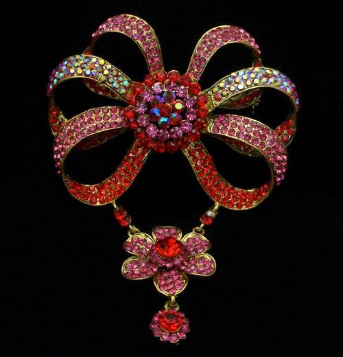 Pink & Red AB Crystal Bow Flower Brooch