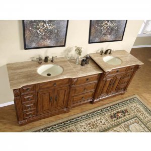 95" Empress - Travertine Top Cherry Finish Bathroom Double Sink Vanity Cabinet 0904