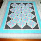 Turquoise & Pink Pinwheels Quilt - Black Back - "67 X 54"