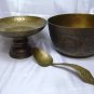 SET OF 3 ANTIEQUE BRASS SALVER BOWL LADLE RARE COLLECTIBLES