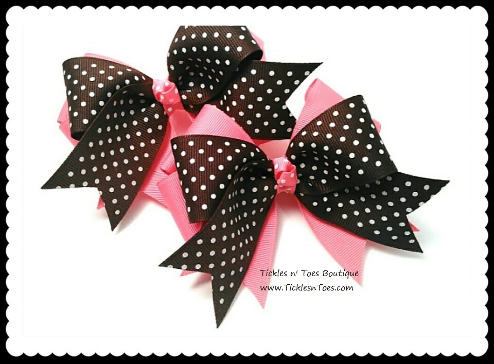 Girls Hot Pink & Brown Double Layer Horse Show Hair Bows Tickles n' Toes Boutique