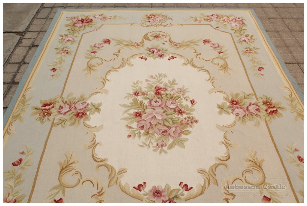 5X8 LIGHT BLUE CREAM French Aubusson Rug SHABBY PINK CHIC Wool Ivory