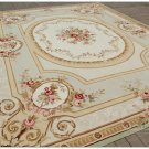 9x12 SHABBY FRENCH CHIC Aubusson Area Rug SUBTLE GREEN IVORY w PINK ROSE Wool Carpet