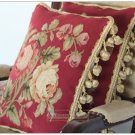 A PAIR! Chic Aubusson Rose Pillow Cushion RED PINK FLORAL 16X12 Wool Hand Woven