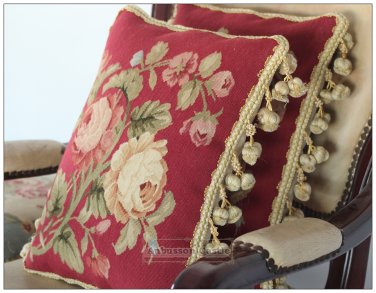 A PAIR! Chic Aubusson Rose Pillow Cushion RED PINK FLORAL 16X12 Wool Hand Woven