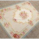 3X5 PASTEL BLUE IVORY French Aubusson Area Rug SHABBY PINK CHIC ROSE Wool Carpet