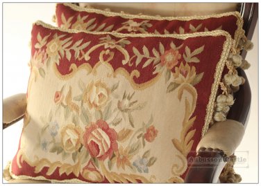 PAIR Shabby French Chic Aubusson Pillow Sofa Chair Cushion RED CREAM Rose Floral