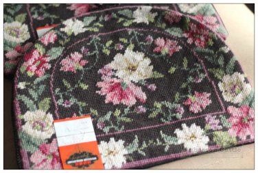WOOL NEEDLEPOINT Black Floral Tea Cozy VELVET Cosy European French Decor w TAG