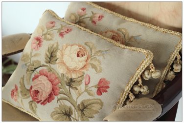 FREE SHIP! Aubusson Pillow BLUE PINK Shabby French Chic Rose Cushion Cover 16X12