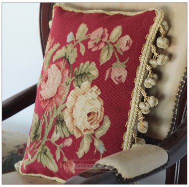 RED Chic Aubusson Pillow Cushion YELLOW PINK ROSE FLORAL 16X12 Wool Hand Woven
