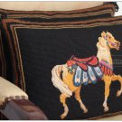PAIR! Chic Needlepoint HORSE Pillow Bed Chair Sofa Cushion BLACK GOLD Wool Cover