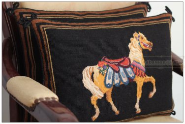 PAIR! Chic Needlepoint HORSE Pillow Bed Chair Sofa Cushion BLACK GOLD Wool Cover