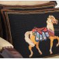 PAIR! Chic Needlepoint HORSE Pillow Bed Chair Sofa Cushion BLACK GOLD Wool Cover