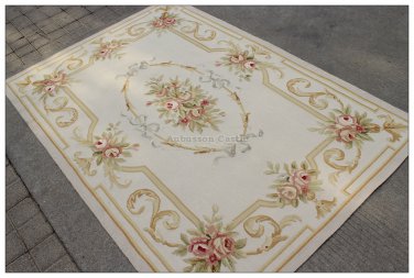 4X6 Pastel Aubusson Area Rug LIGHT GREY GRAY w GOLD PINK Wool French Rose Carpet