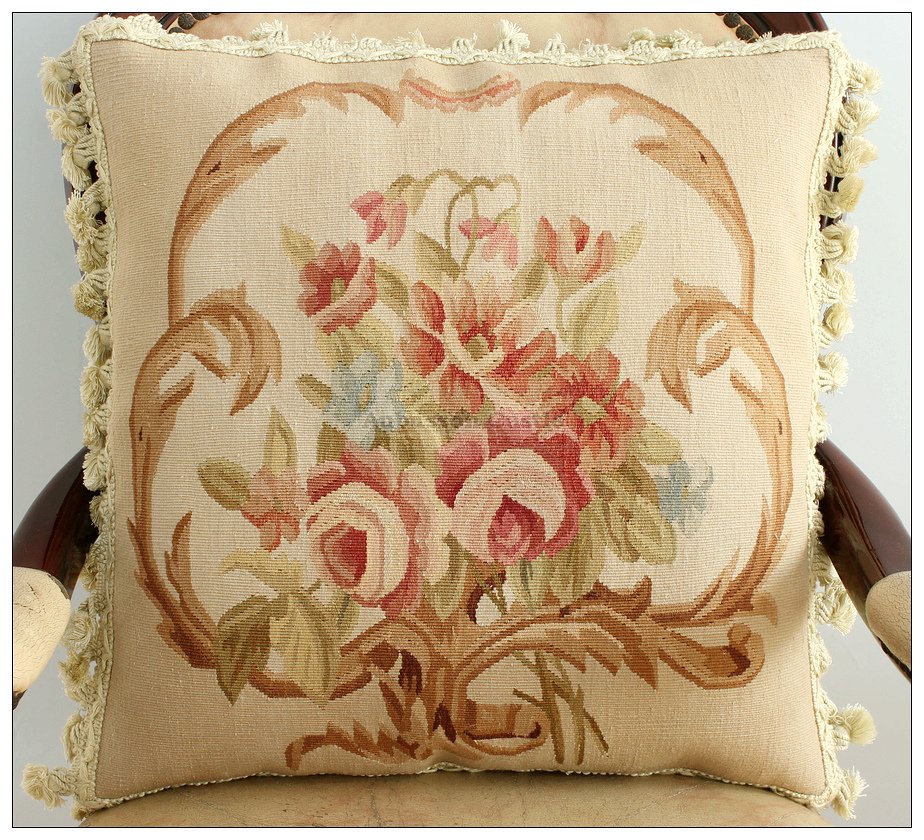 18" BEIGE CREAM PINK Aubusson Cottage Pillow WOOL French Rose Cushion