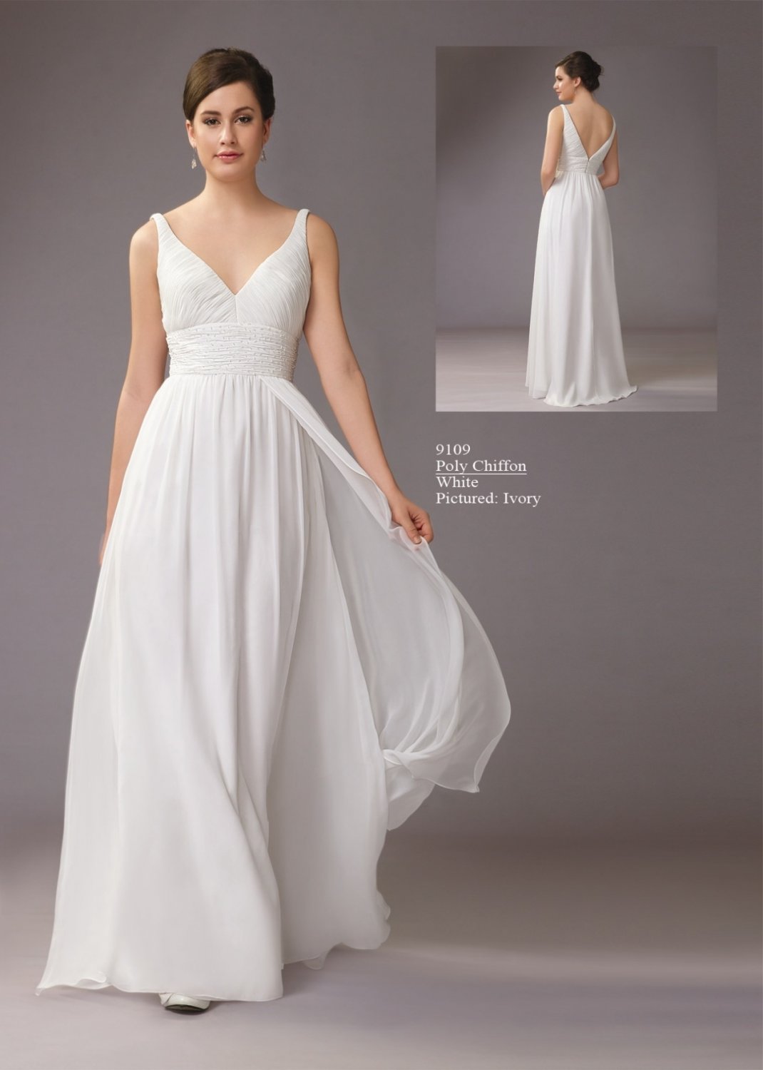 Elegant  A-Line V Neck White Chiffon Wedding Dress with Appliques VK23090601