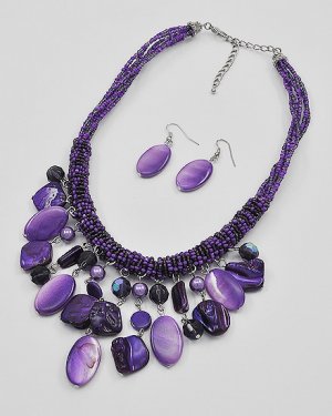 Silvertone and Purple Bead and Shell Necklace & Earring Set