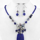 Silvertone and Blue Glass Necklace with Large Pendant and Matching Earring Set