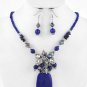 Silvertone and Blue Glass Necklace with Large Pendant and Matching Earring Set