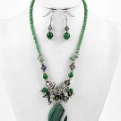 Silvertone and Green Gemstone Large Pendant Necklace and Earring Set