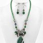 Silvertone and Green Gemstone Large Pendant Necklace and Earring Set
