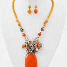 Silvertone and Orange Acrylics Necklace with Large Stone Pendant and Maching Earrings Set