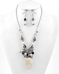 Silvertone and White Acrylics and LArge Gemstone Necklace and Earrings Set