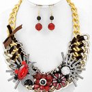 Goldtone Rope and Red Acrylic and Rhinestone Flower Themed Necklace and Earrings Set